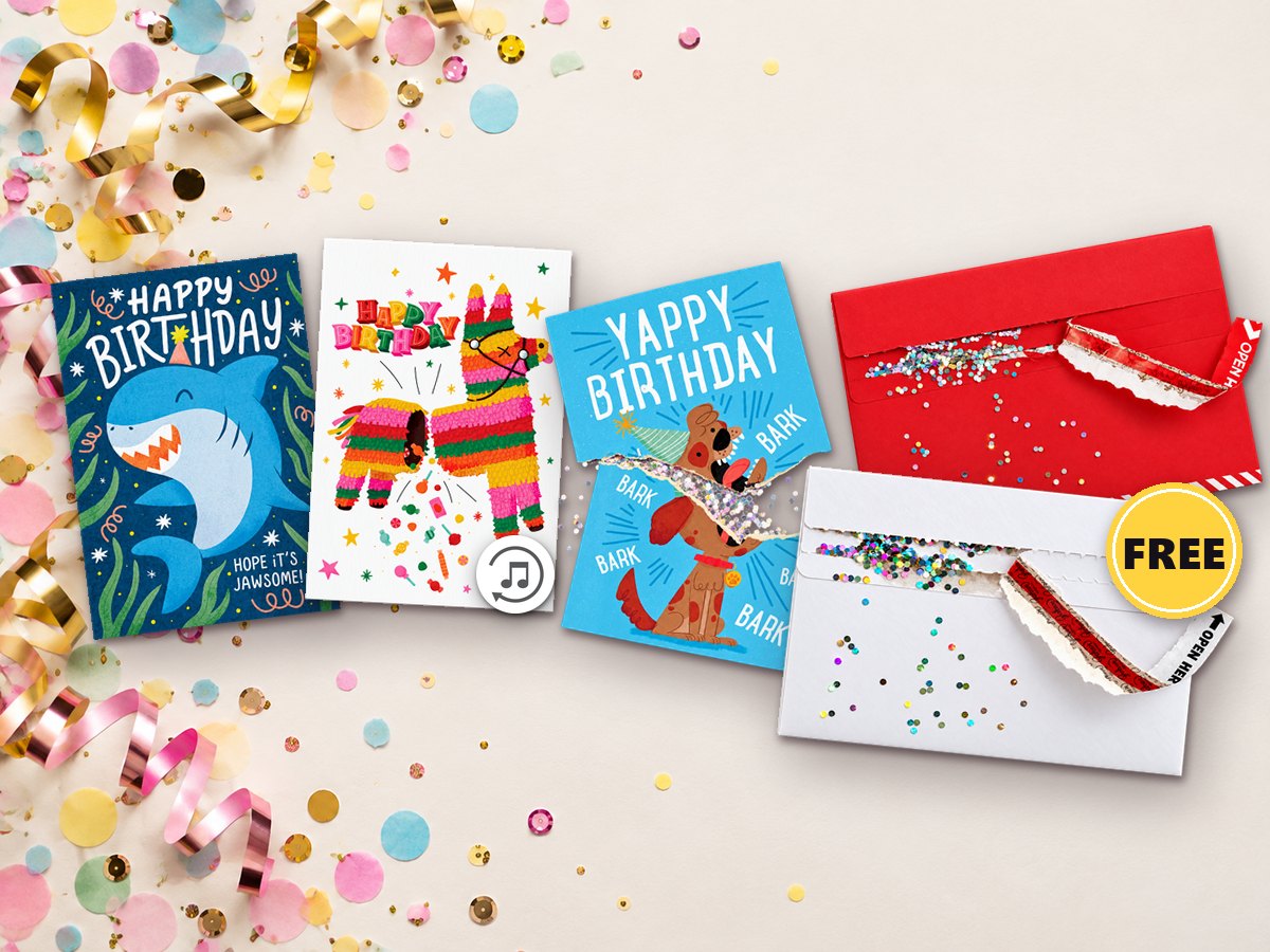 Three Joker Greeting endless cards plus a free red or white glitter bomb envelope