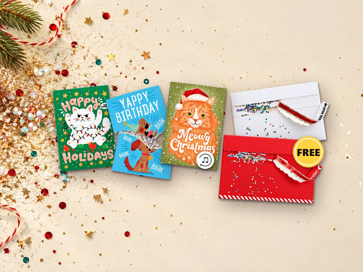 Trois cartes Joker Greeting qui jouent sans arrêt, plus une enveloppe Glitter Bomb rouge ou blanche gratuite