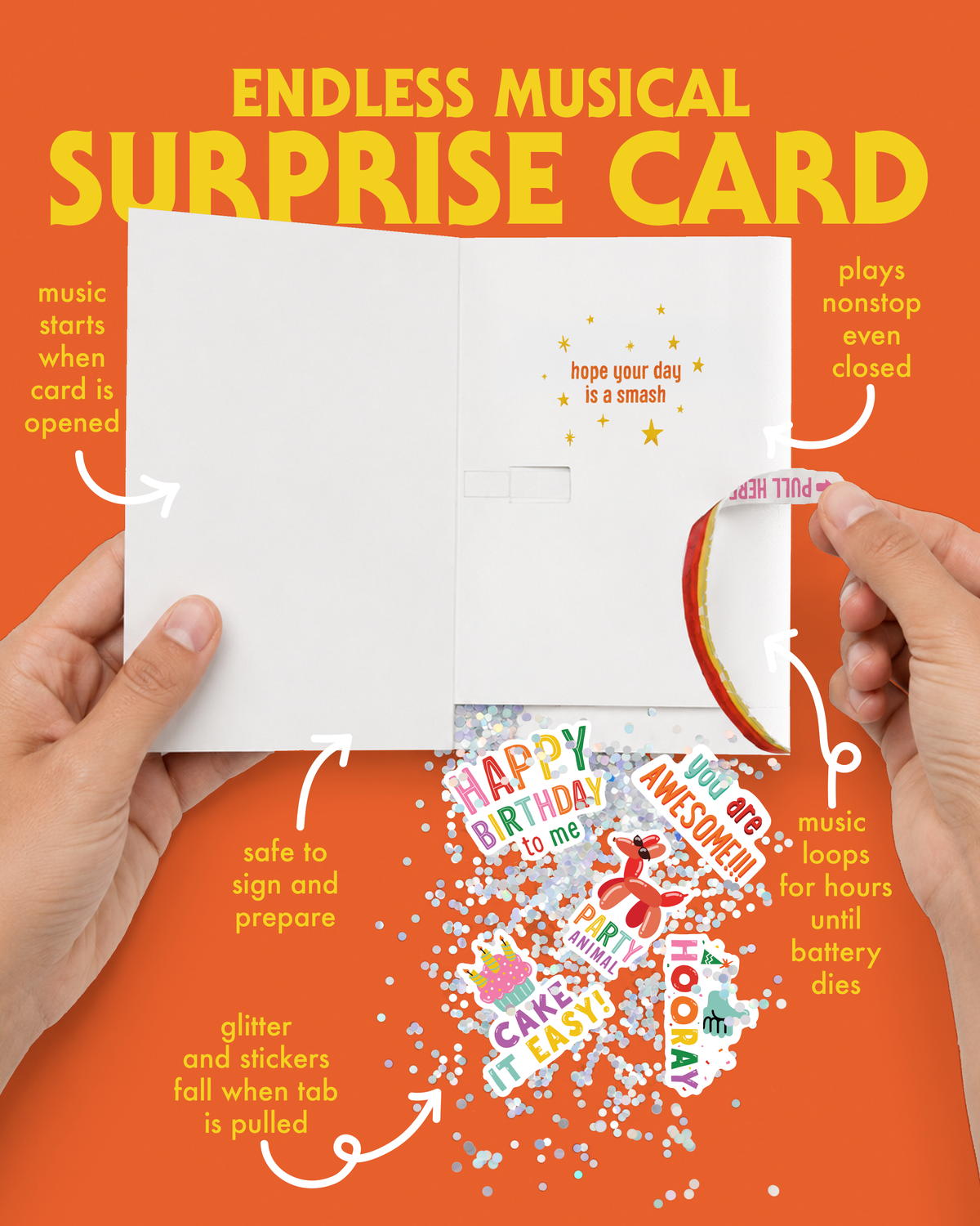 Piñata Endless Birthday Prank Card with Stickers & Glitter Bomb – how it works