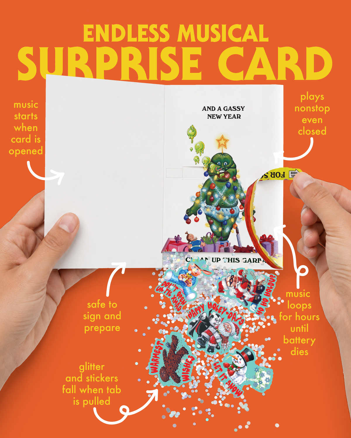 Merry Burpmas Garbage Pail Kids Endless Christmas Prank Card with Stickers & Glitter Bomb – how it works