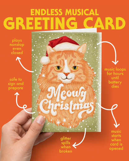 Carte musicale sans fin Meowy Christmas – comment ça marche : joue en boucle jusqu’à ce que la pile lâche, paillettes cachées