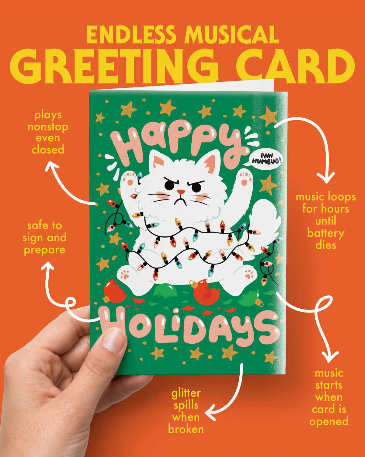 Christmas Musical Card with Glitter, Grumpy Cat Design, Nonstop Meowing with Envelope