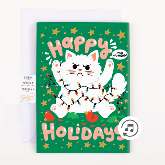 Christmas Musical Card with Glitter, Grumpy Cat Design, Nonstop Meowing with Envelope