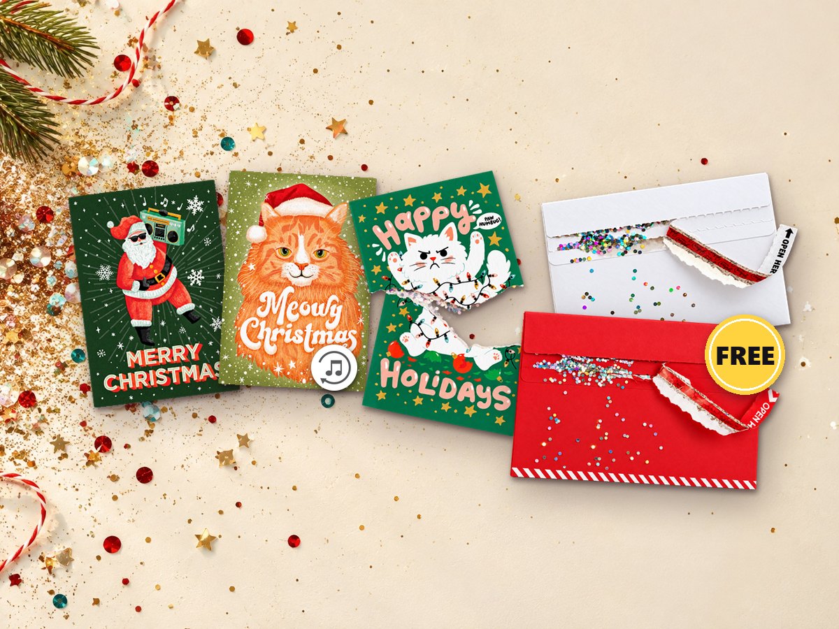 Trois cartes Joker Greeting qui jouent sans arrêt, plus une enveloppe Glitter Bomb rouge ou blanche gratuite