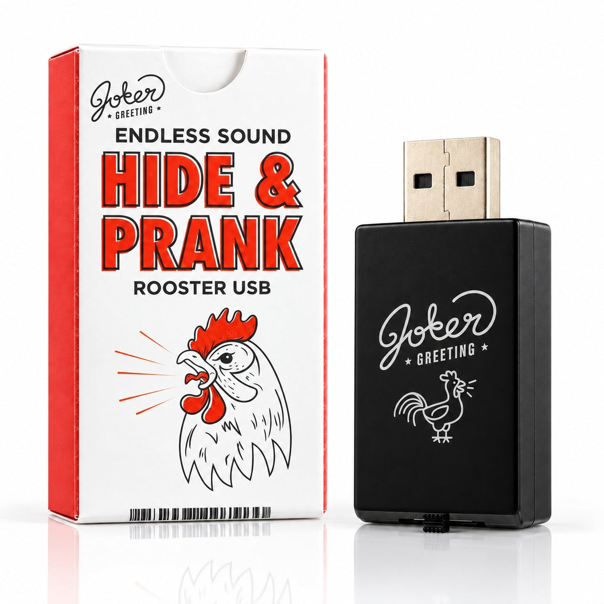 Farce USB coq qui chante : la boîte et la clé USB noire